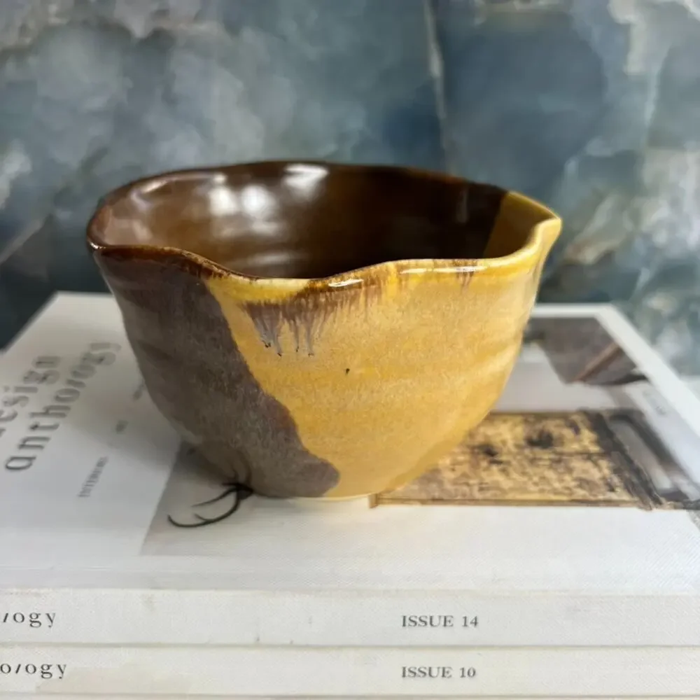 Pat Schweikert Studio Art Pottery Decorative Bowl Stoneware Brown Yellow Drip